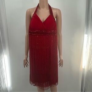 Scala Red Silk Fringe Sequin Halter Dress XS – Gatsby Flapper Cocktail Chic